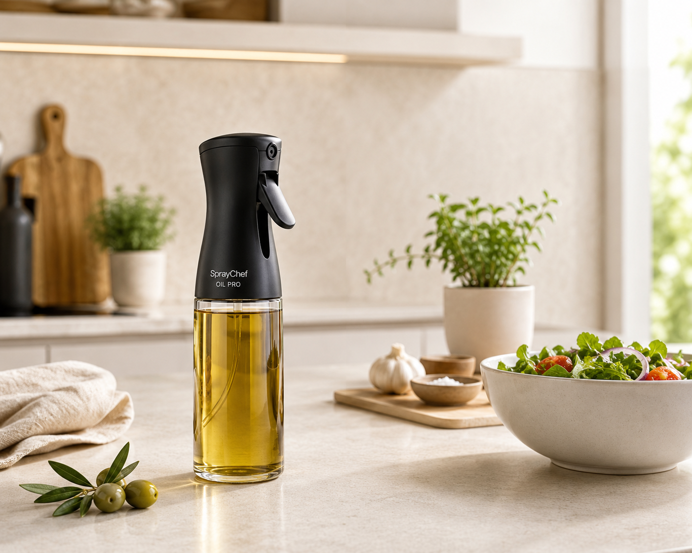 Schwarzer SprayChef Oil Pro Ölsprüher mit Olivenöl auf einer hellen Küchenarbeitsfläche neben einer Salatschüssel