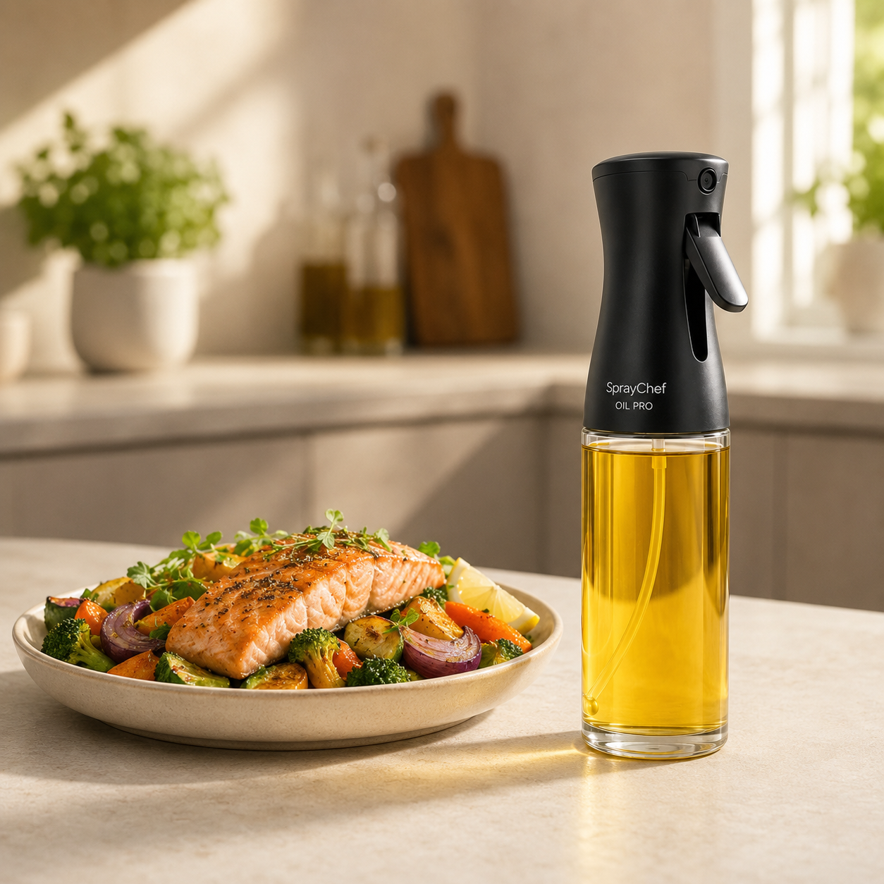 Schwarzer SprayChef Oil Pro neben einem Teller mit Lachs und geröstetem Gemüse auf einer hellen Küchenarbeitsfläche