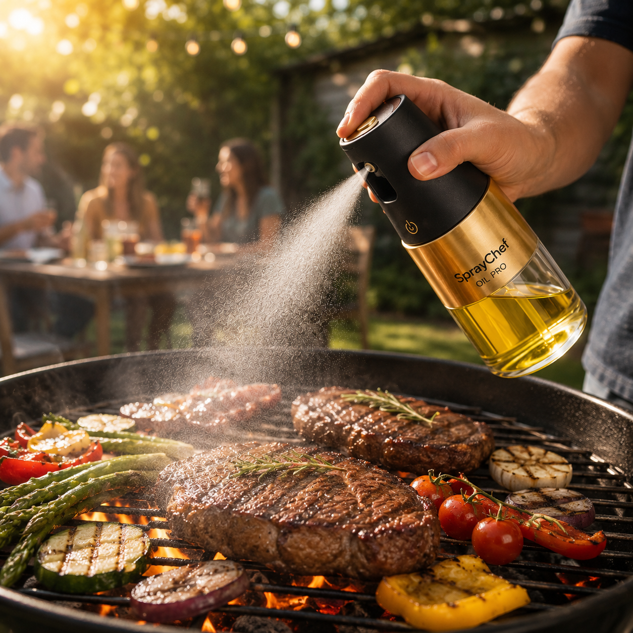 Eine Hand besprüht Steaks und Gemüse auf einem Grill mit dem schwarzen SprayChef Oil Pro