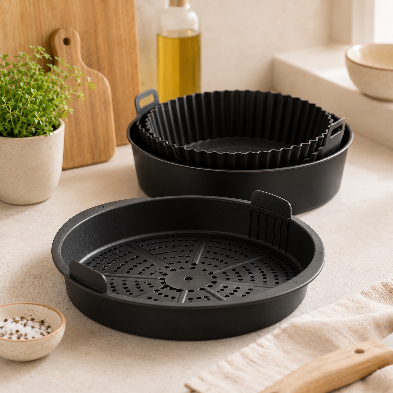 Schwarze runde Airfryer-Formen und ein perforierter Einsatz auf einer hellen Küchenarbeitsfläche