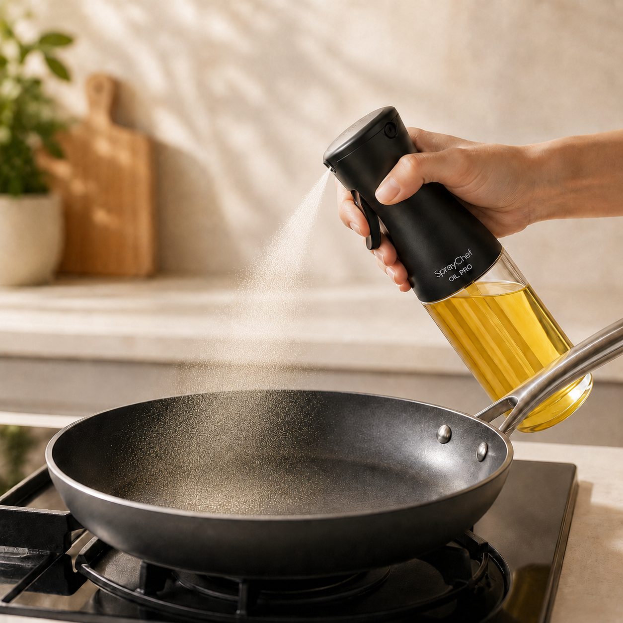 Eine Hand sprüht mit dem schwarzen SprayChef Oil Pro fein vernebeltes Öl in eine leere Pfanne auf dem Herd