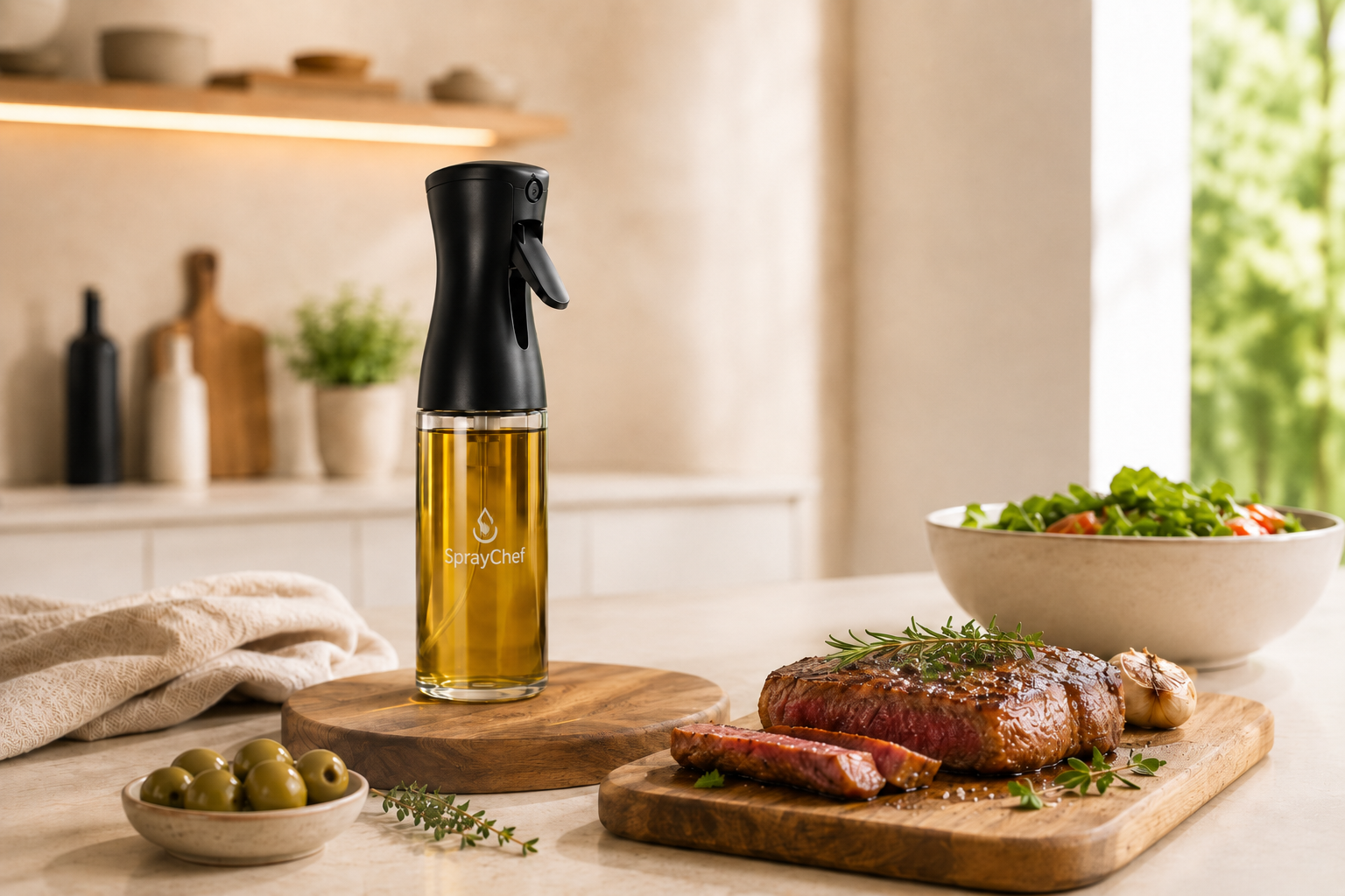 Schwarzer SprayChef Oil Pro Ölsprüher neben angerichtetem Steak und Salat in einer hellen Küche